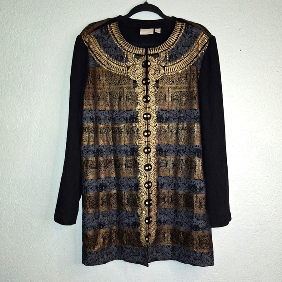 Chico's Sz 3/XL Egyptian Revival Gold Fancy Modernist Jacket Tunic Top Cardigan - Picture 1 of 13